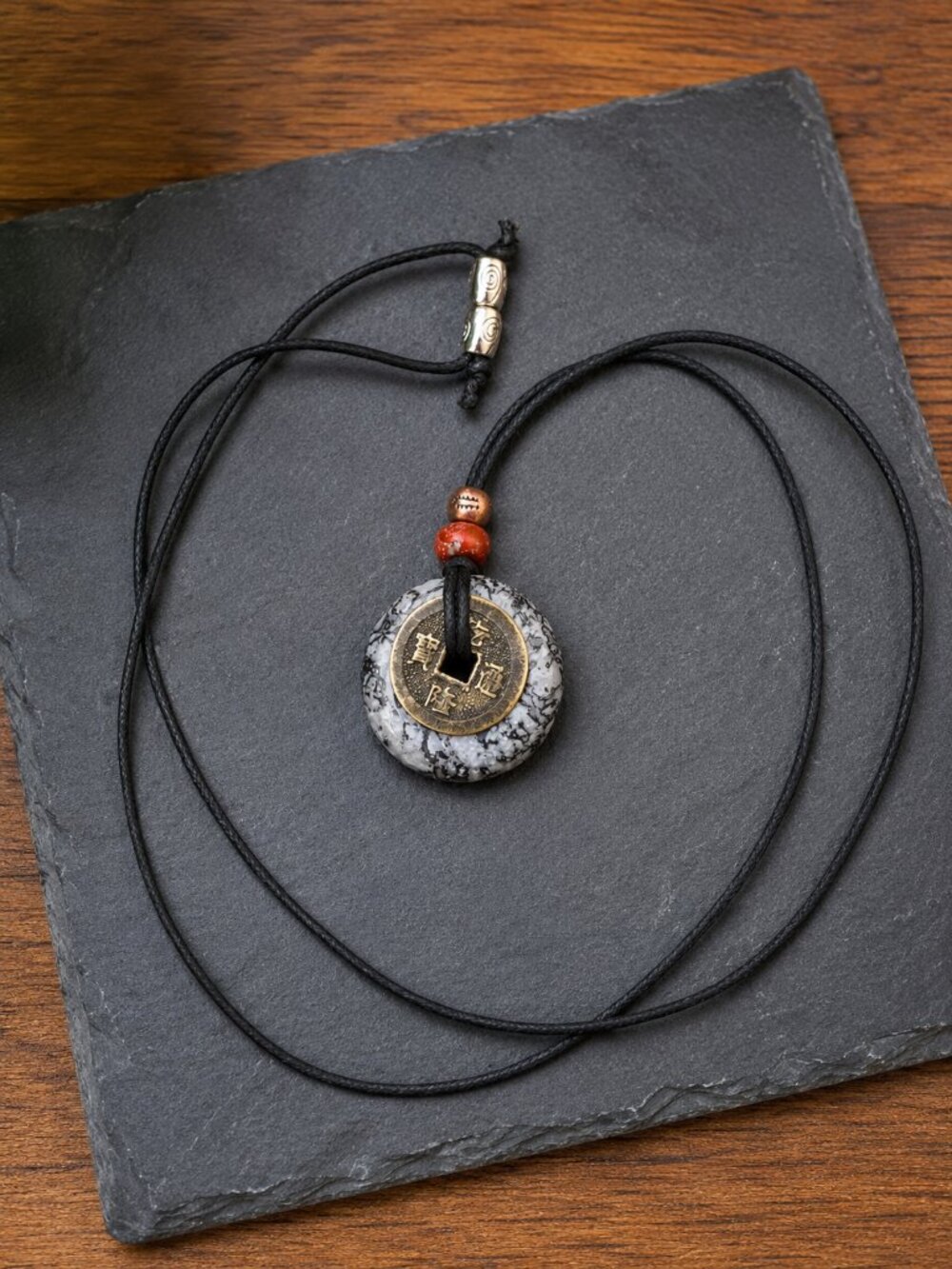 Black Crazy Lace Agate and Lucky Coin Pendant | Handmade - Picture 6 of 7